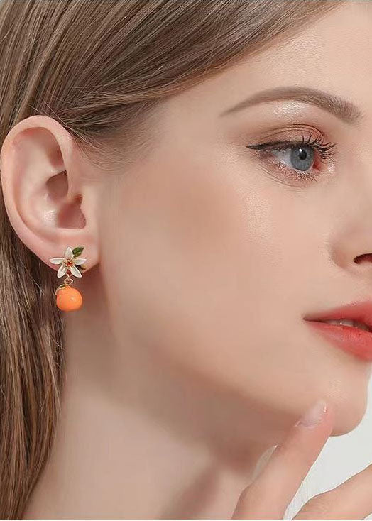 Unique Orange Gardenia Metal Drop Earrings