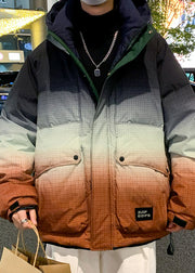 Unique Orange Gradient Color Hooded Pockets Duck Down Men Down Coats Winter