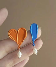 Unique Orange Paint Asymmetric Pearl Stud Earrings