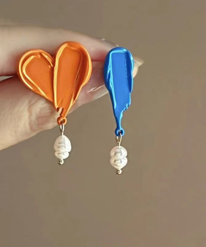 Unique Orange Paint Asymmetric Pearl Stud Earrings
