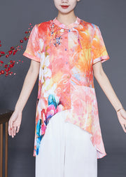 Unique Orange Print Low High Design Chiffon Shirt Summer