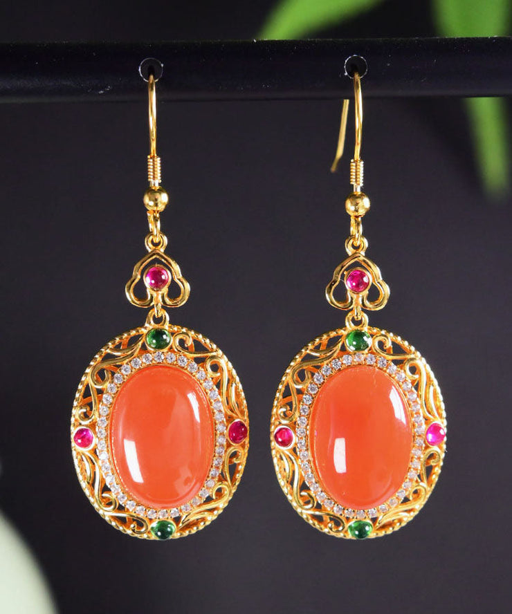 Unique Orange Sterling Silver Gem Stone Agate Zircon Drop Earrings