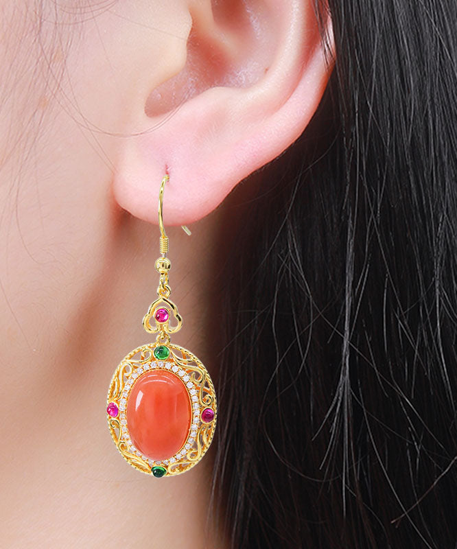 Unique Orange Sterling Silver Gem Stone Agate Zircon Drop Earrings