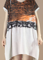 Unique Orange V Neck Print Patchwork Cotton Dress Summer