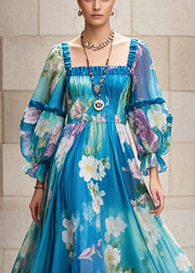 Unique Peacock Blue Ruffled Print Chiffon Holiday Dress Fall