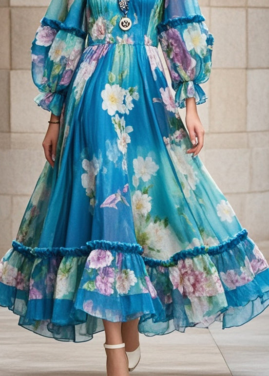 Unique Peacock Blue Ruffled Print Chiffon Holiday Dress Fall