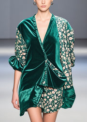 Unique Peacock Green Asymmetrical Patchwork Print Silk Velour Blouses Fall