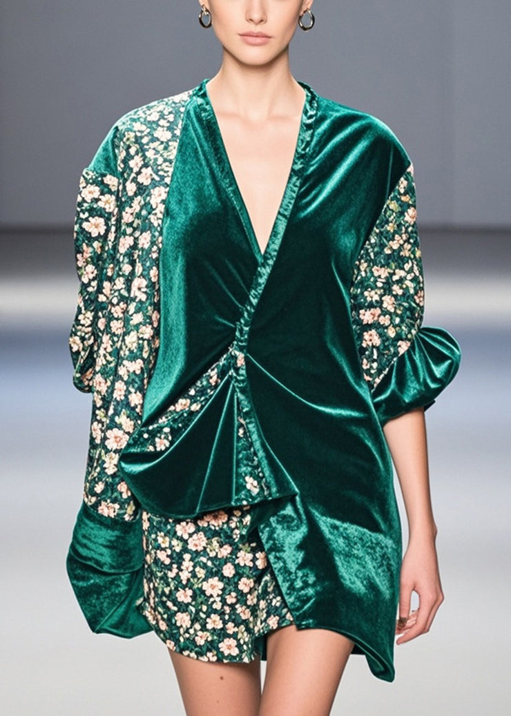 Unique Peacock Green Asymmetrical Patchwork Print Silk Velour Blouses Spring