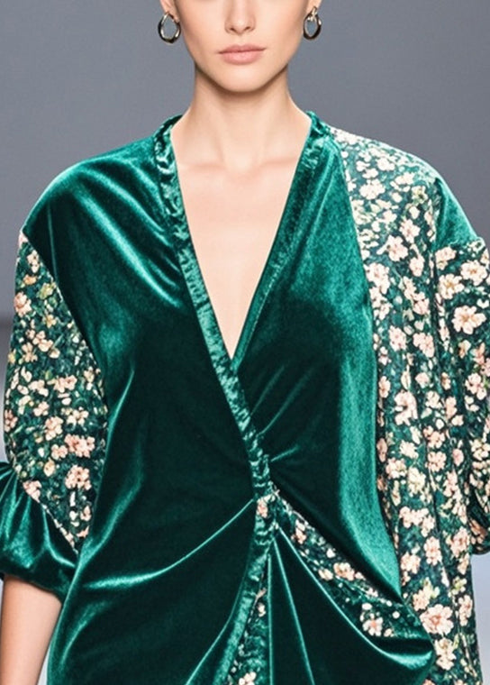 Unique Peacock Green Asymmetrical Patchwork Print Silk Velour Blouses Spring