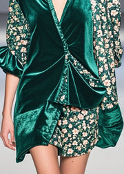 Unique Peacock Green Asymmetrical Patchwork Print Silk Velour Blouses Spring