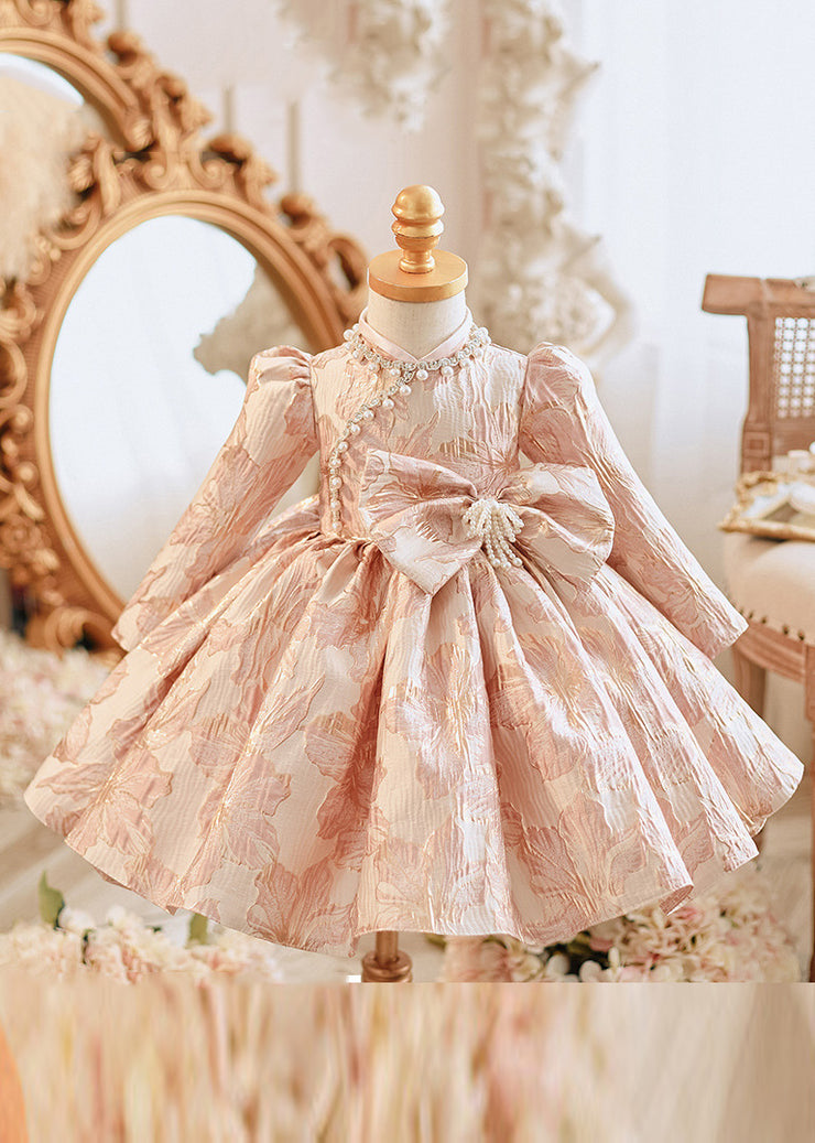 Unique Pink Bow Patchwork Pearl Thick Girls Maxi Dress Puff Sleeve