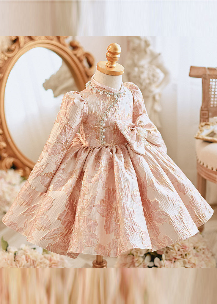 Unique Pink Bow Patchwork Pearl Thick Girls Maxi Dress Puff Sleeve