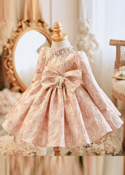 Unique Pink Bow Patchwork Pearl Thick Girls Maxi Dress Puff Sleeve