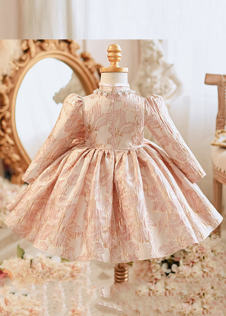 Unique Pink Bow Patchwork Pearl Thick Girls Maxi Dress Puff Sleeve