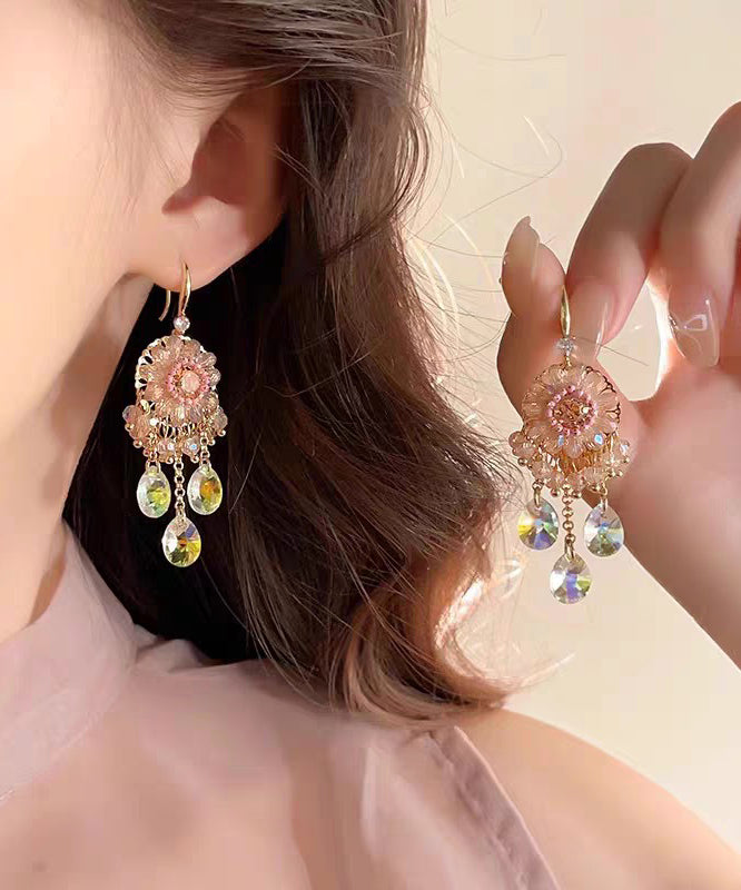 Unique Pink Copper Alloy Crystal Tassel Drop Earrings