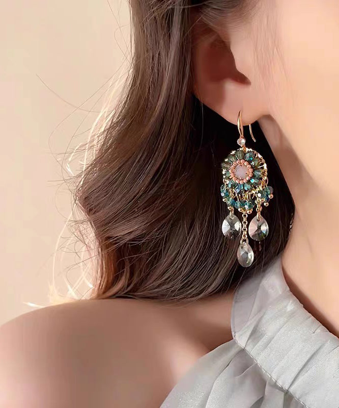 Unique Pink Copper Alloy Crystal Tassel Drop Earrings