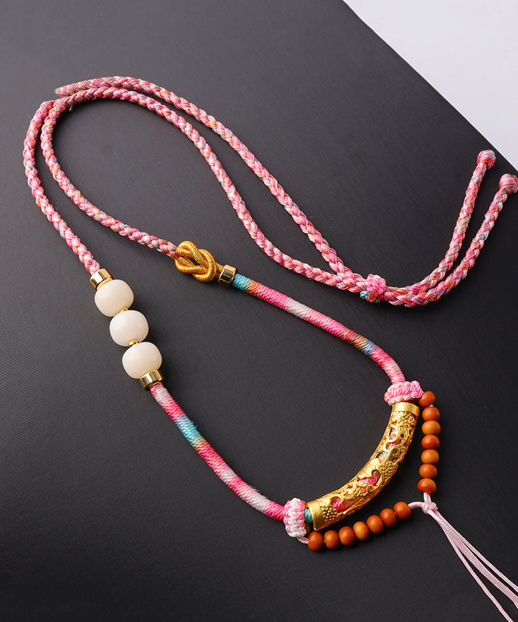 Unique Pink Copper Overgild Jade Beading Tassel Pendant Necklace