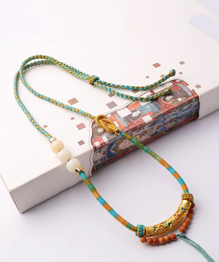 Unique Pink Copper Overgild Jade Beading Tassel Pendant Necklace
