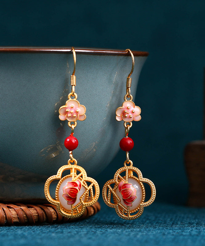 Unique Pink Copper Overgild Jade Enamel Lotus Floral Drop Earrings