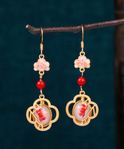Unique Pink Copper Overgild Jade Enamel Lotus Floral Drop Earrings