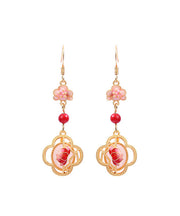 Unique Pink Copper Overgild Jade Enamel Lotus Floral Drop Earrings