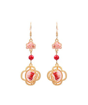 Unique Pink Copper Overgild Jade Enamel Lotus Floral Drop Earrings