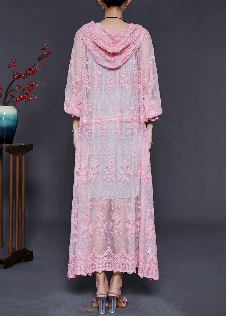 Unique Pink Embroidered Lace Hooded Cardigan Summer