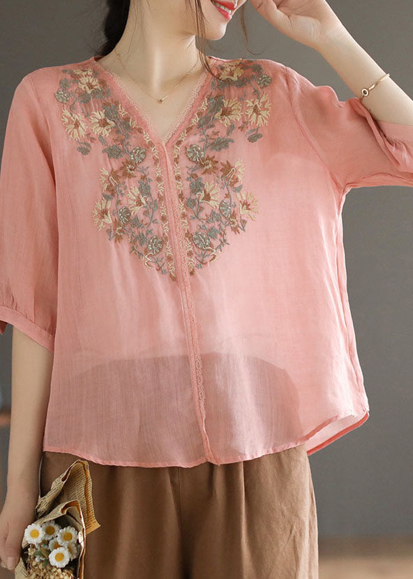 Unique Pink Embroideried Patchwork Linen Tops Half Sleeve