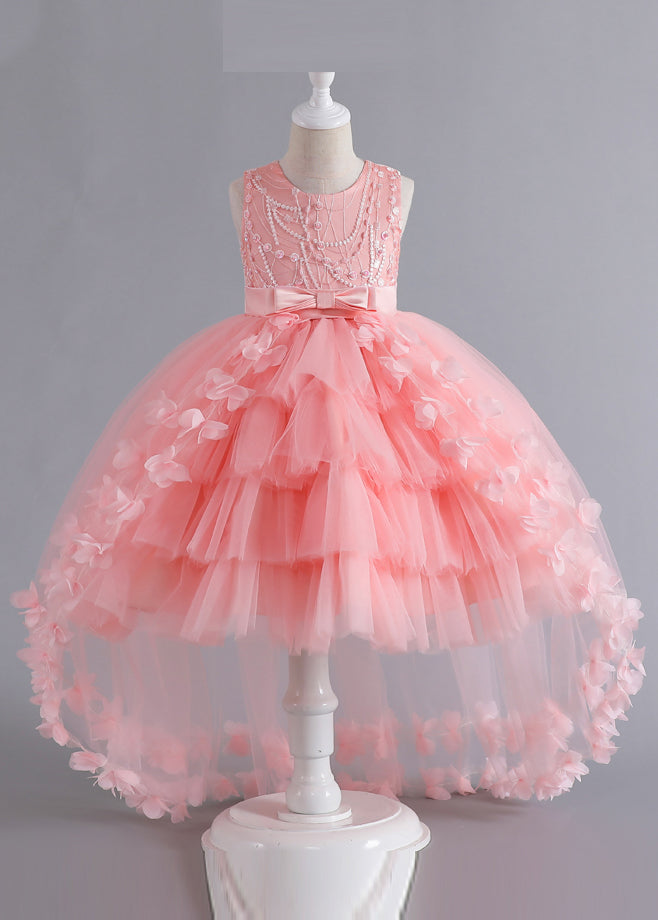 Unique Pink Floral Patchwork Tulle Kids Maxi Dresses Sleeveless