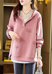 Unique Pink Hooded Embroideried Patchwork Cotton Sweatshirts Fall