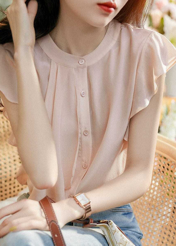 Unique Pink O Neck Patchwork Silk Top Butterfly Sleeves