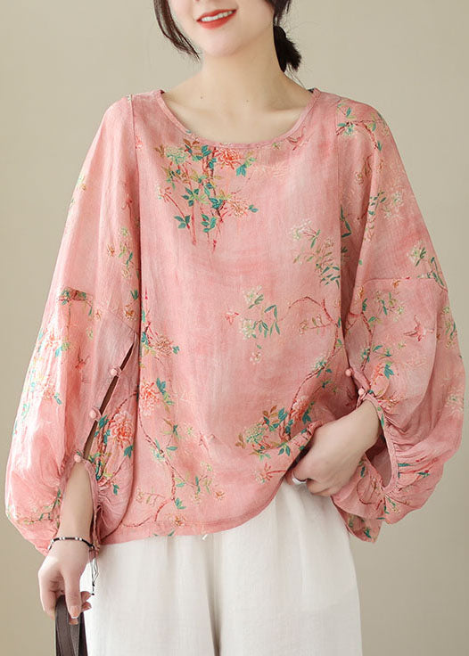 Unique Pink O Neck Print Patchwork Cotton Top Lantern Sleeve