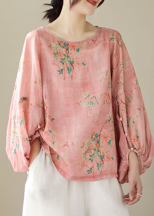 Unique Pink O Neck Print Patchwork Cotton Top Lantern Sleeve