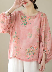 Unique Pink O Neck Print Patchwork Cotton Top Lantern Sleeve