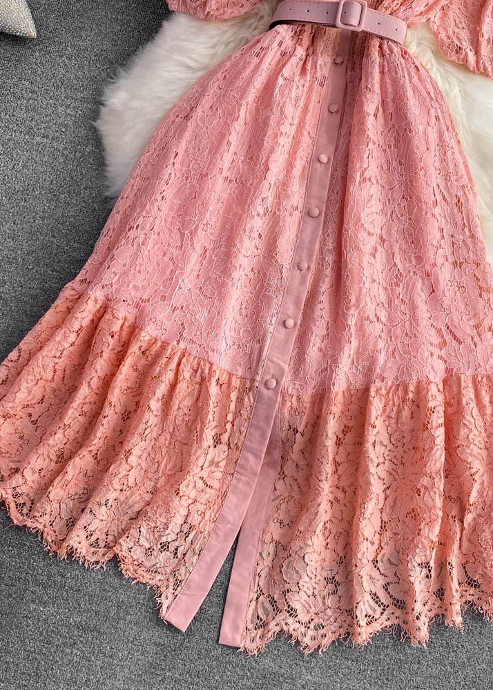 Unique Pink O-Neck Sashes Button A Line Maxi Dress Short Sleeve