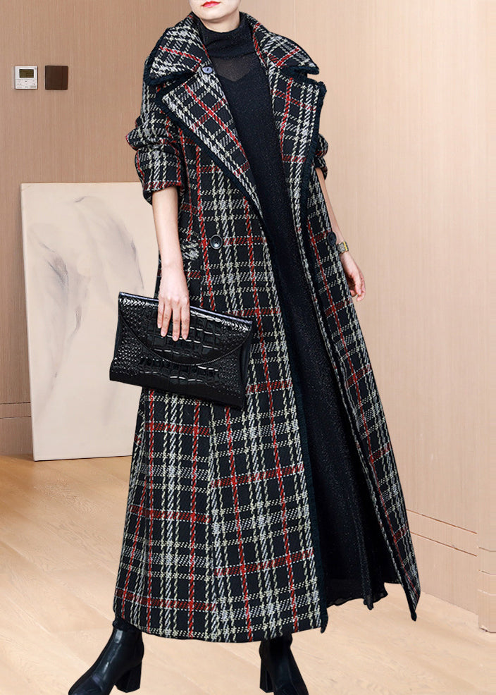 Unique Pink Plaid Peter Pan Collar Pockets Patchwork Woolen Coats Winter