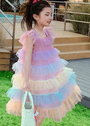 Unique Pink Ruffled Layered Patchwork Tulle Baby Girls Dress Sleeveless