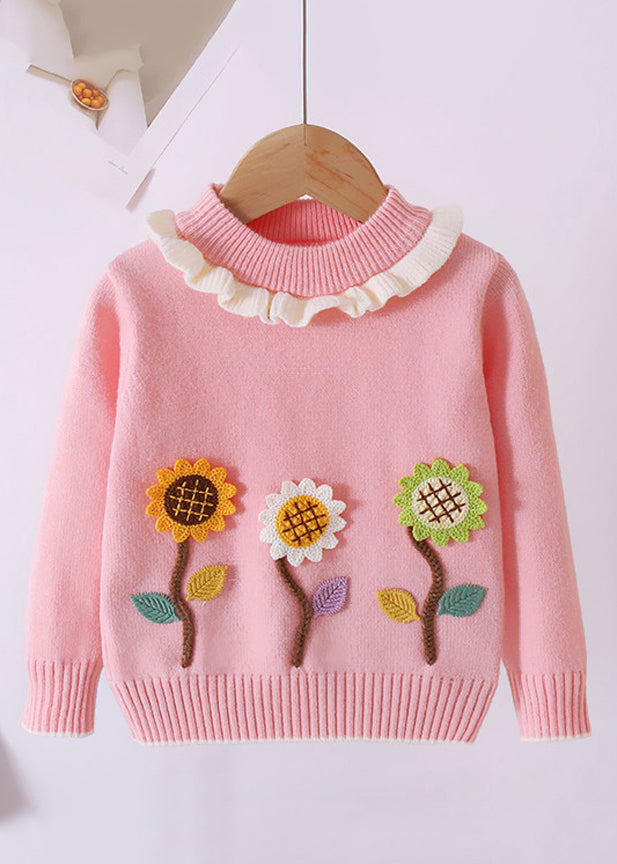 Unique Pink Ruffled The Sunflowers Thick Cotton Knit Kids Girls Sweaters Fall