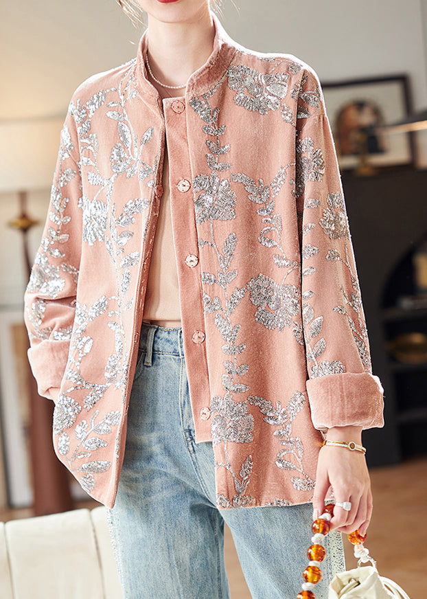 Unique Pink Sequins Button Silk Velvet Coats Long Sleeve