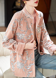 Unique Pink Sequins Button Silk Velvet Coats Long Sleeve