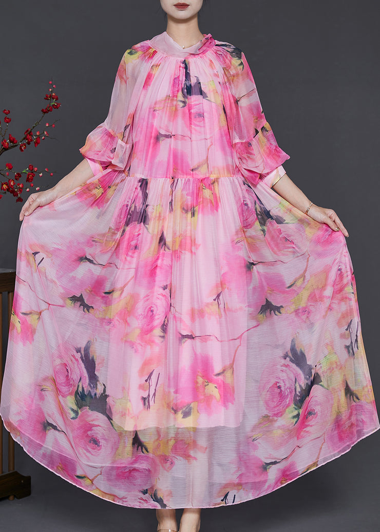 Unique Pink Turtle Neck Print Chiffon Dress Lantern Sleeve