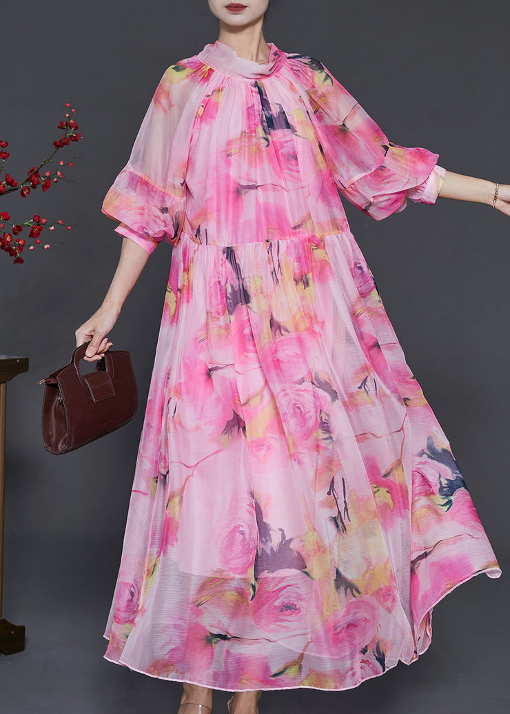 Unique Pink Turtle Neck Print Chiffon Dress Lantern Sleeve