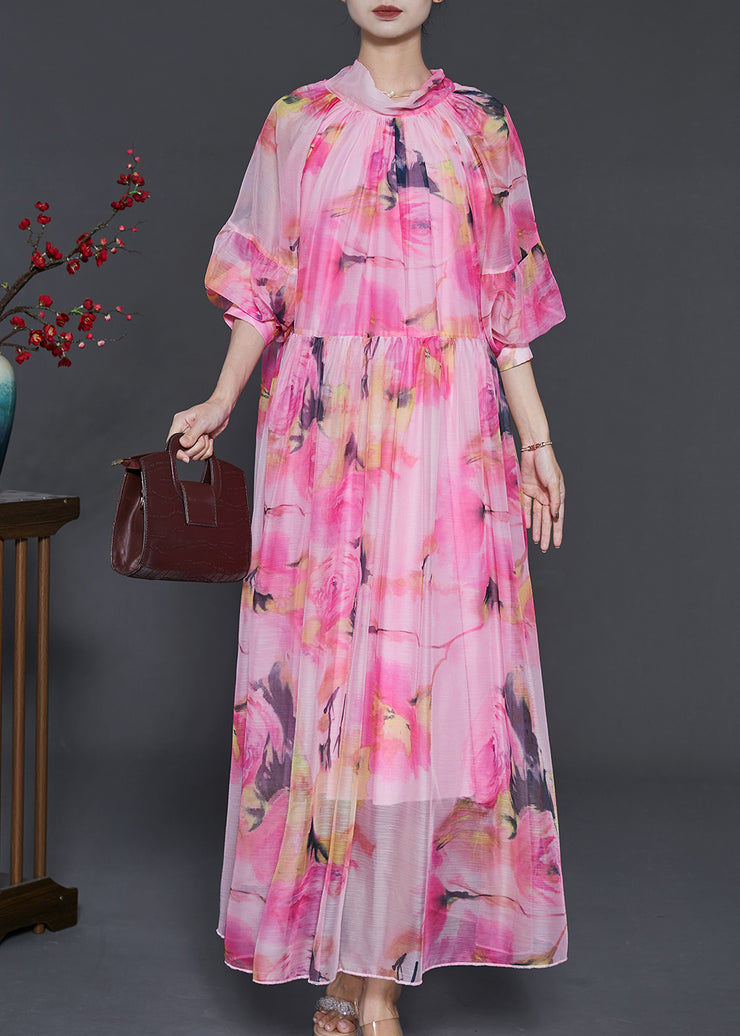 Unique Pink Turtle Neck Print Chiffon Dress Lantern Sleeve