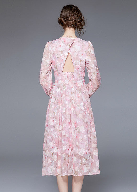 Unique Pink V Neck Backless Print Chiffon Cinch Dress Long Sleeve