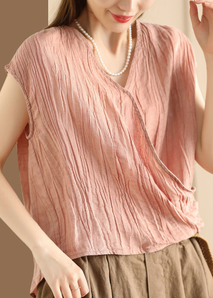 Unique Pink V Neck Wrinkled Cotton T Shirt Summer