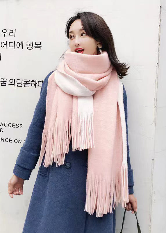 Unique Pink White Tasseled Warm Faux Cashmere Scarf