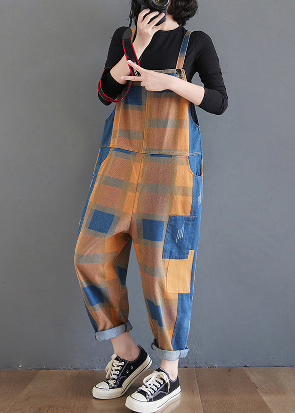 Unique Plaid Pockets High Waist Patchwork Cotton Jumpsuit Fall