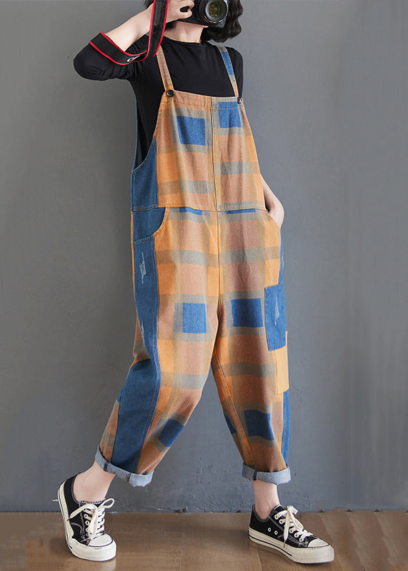 Unique Plaid Pockets High Waist Patchwork Cotton Jumpsuit Fall