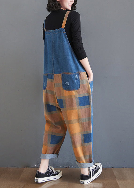 Unique Plaid Pockets High Waist Patchwork Cotton Jumpsuit Fall