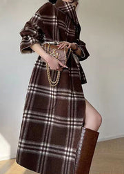 Unique Plaid Tie Waist Patchwork Wear On Both Sides Woolen Coats Fall